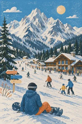 Busy Winter Ski Resort Under Alpine Peaks