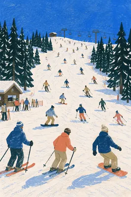 Busy Winter Ski Slope Mountain Descent