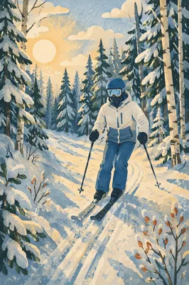 Downhill Skier on Snowy Forest Trail