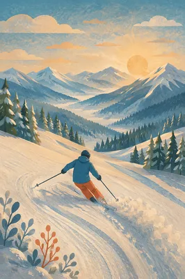Lone Skier Carving Sunrise Mountain Slope