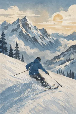 Lone Skier Carving Dawn Mountain Powder
