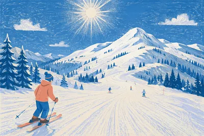 Sunny Downhill Ski Slopes in Alpine Winter