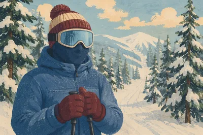 Skier Paused on Snowy Mountain Trail