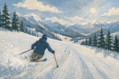 Lone Skier Racing Down Snowy Mountain