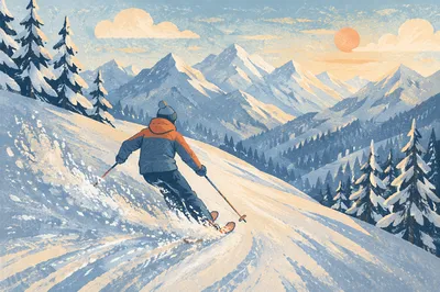 Lone Skier Descending Alpine Powder Slope