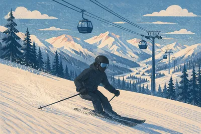 Skier Descending Sunny Alpine Snow Slope