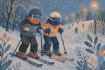 Downhill Skiers at Blue Hour Dusk