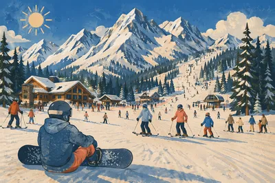 Busy Winter Ski Slopes Below Alpine Peaks