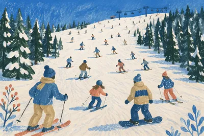 Busy Winter Ski Slope in Sunlight