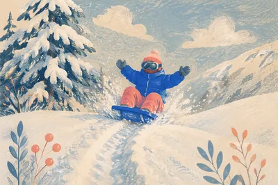 Playful Downhill Sledding on Snowy Mountain