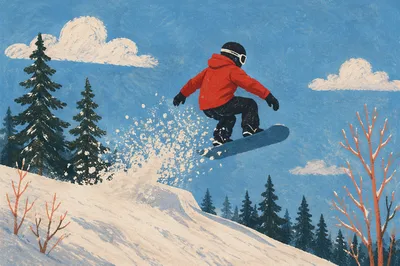 Red Jacket Rider Jumping Downhill Snow Slope