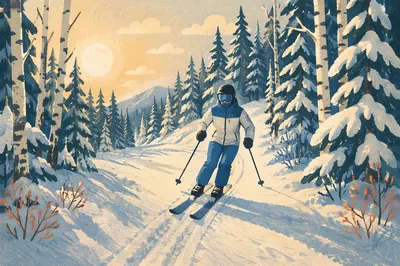 Downhill Skier on Snowy Forest Trail