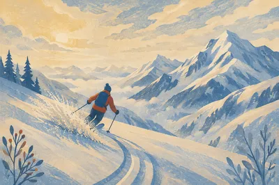 Lone Skier on Misty Alpine Descent