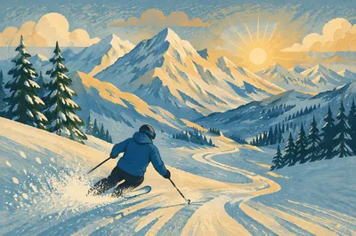 Lone Skier on Sunrise Alpine Powder