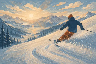 Reverent Downhill Skier on Misty Alpine Slope