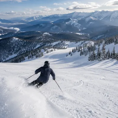 Lone Skier Carving Down Snowy Mountain