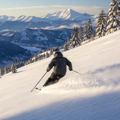 Lone Skier on Fresh Alpine Descent