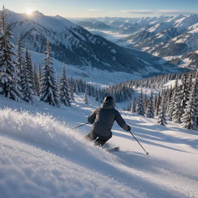 Lone Skier Racing Down Alpine Powder