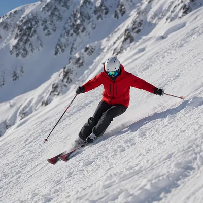 Skier Carving Down Steep Snowy Slope