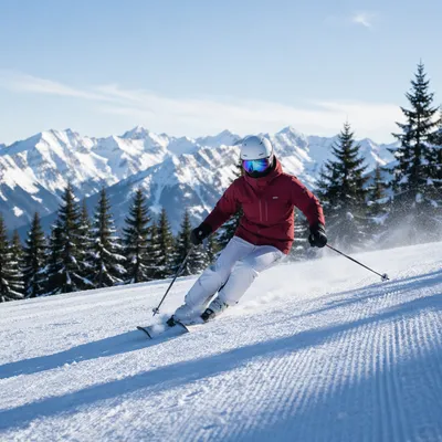 Skier Carving Down Snowy Alpine Slope