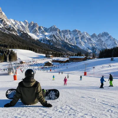 Busy Alpine Ski Resort Under Winter Peaks