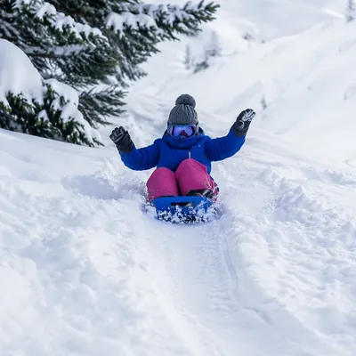 Winter Sledding Down Snowy Mountain Slope