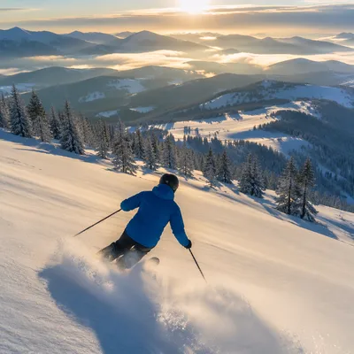 Lone Skier Carving Sunrise Mountain Slope
