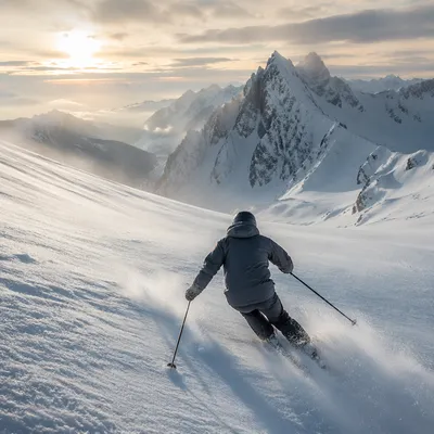 Lone Skier Carving Down Snowy Mountain