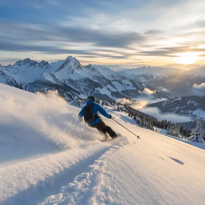 Lone Skier on Misty Alpine Descent