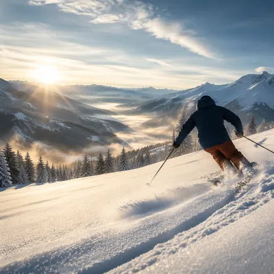 Skier Carving Through Misty Alpine Powder
