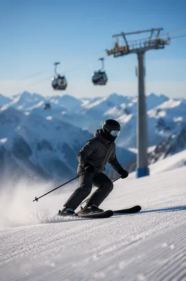 Skier Descending Snowy Alpine Mountain Slope