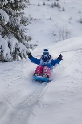 Winter Sledding Down Snowy Mountain Slope