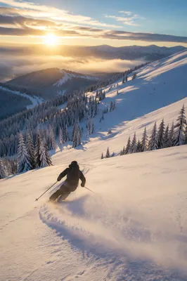 Lone Skier Carving Sunrise Mountain Slope