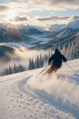 Skier Carving Through Misty Alpine Powder