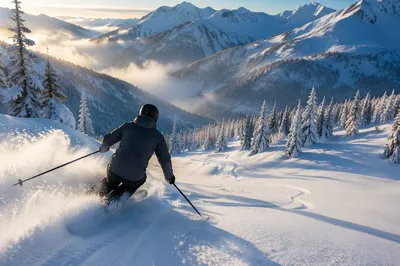 Lone Skier Carving Alpine Powder Slope
