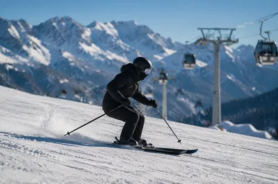 Skier Descending Snowy Alpine Mountain Slope