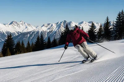 Skier Carving Down Snowy Alpine Slope