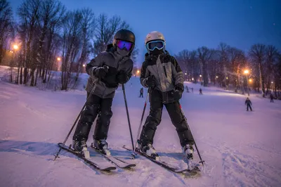 Downhill Skiers at Blue Hour Dusk