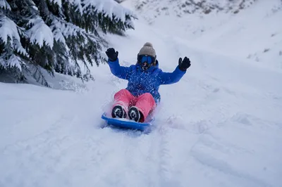 Downhill Snow Sledding in Powdery Winter Mountains