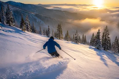 Lone Skier Carving Sunrise Mountain Slope