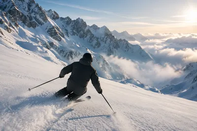 Lone Skier Carving Snowy Mountain Descent