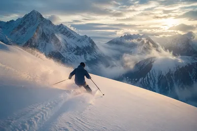 Lone Skier on Misty Alpine Powder