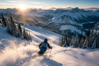 Lone Skier Carving Alpine Powder at Sunrise