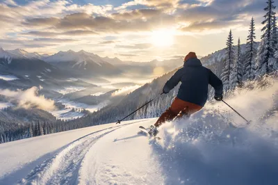 Lone Skier Carving Misty Alpine Slope