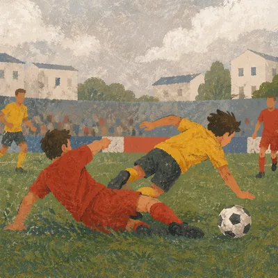 Amateur Soccer Sliding Tackle on Green Field