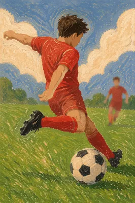 Red Uniform Soccer Kick on Green Field