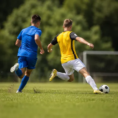 Soccer Players Sprinting on Sunny Green Field