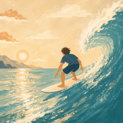 Lone Surfer on Turquoise Morning Wave