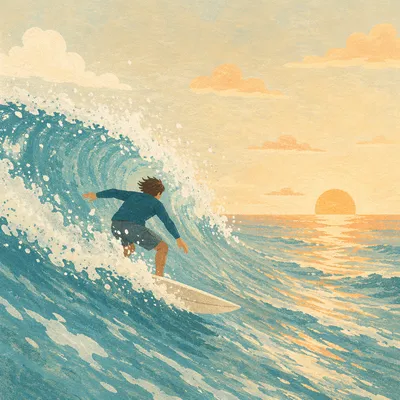 Surfer Riding Turquoise Wave at Sunrise