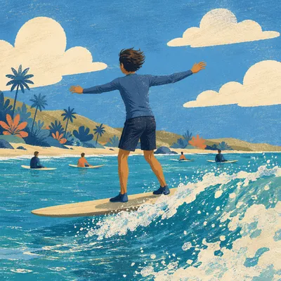 Surfer Riding Turquoise Ocean Wave